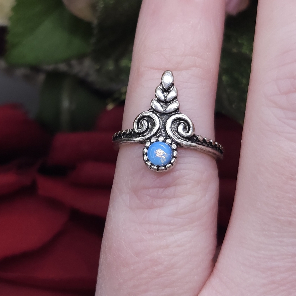 Silver-Tone Boho Scroll Ring with Blue Cabochon